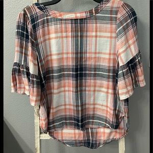Orange & blue plaid top with bell sleeves